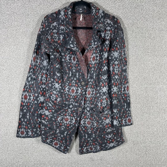 Free People Cardigan Jacket Womens Medium Gray Red Geometric Wool Blend Collared - Picture 1 of 9